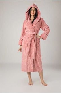 Женский длинный халат с капюшоном из бамбуковой махры пудрового цвета на запах