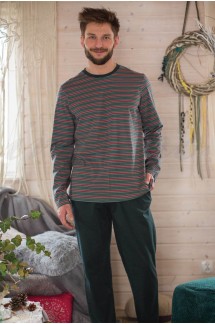 Мужская пижама из хлопка зелено-серого цвета с кофтой в полоску