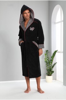 Махровый халат в черном с бордовой отделкой