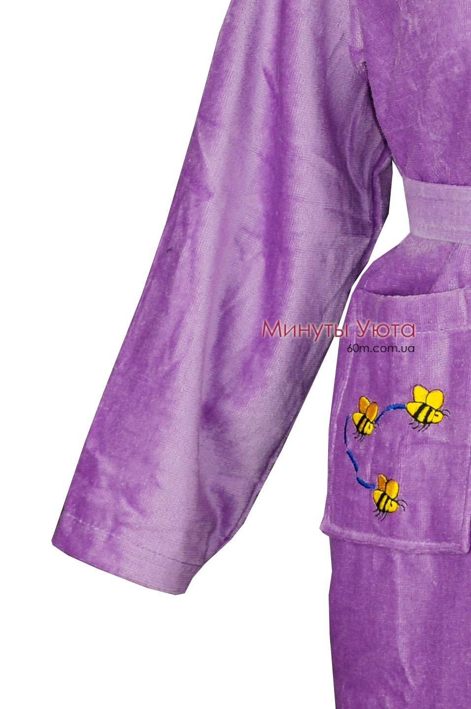 Хлопковый халат  в сиреневом цвете с вышивкой на карманах 