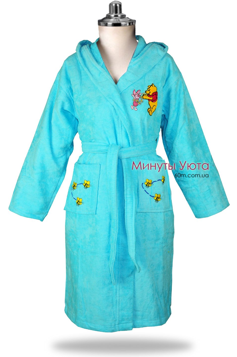Хлопковый халат  в бирюзовом цвете с вышивкой на карманах 