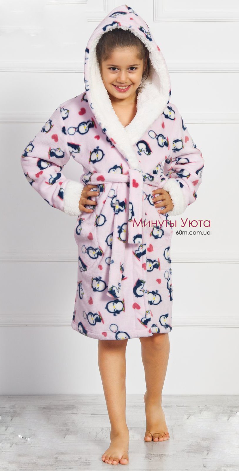 Розовый мягкий халат для девочки в пингвинах Vienetta Secret