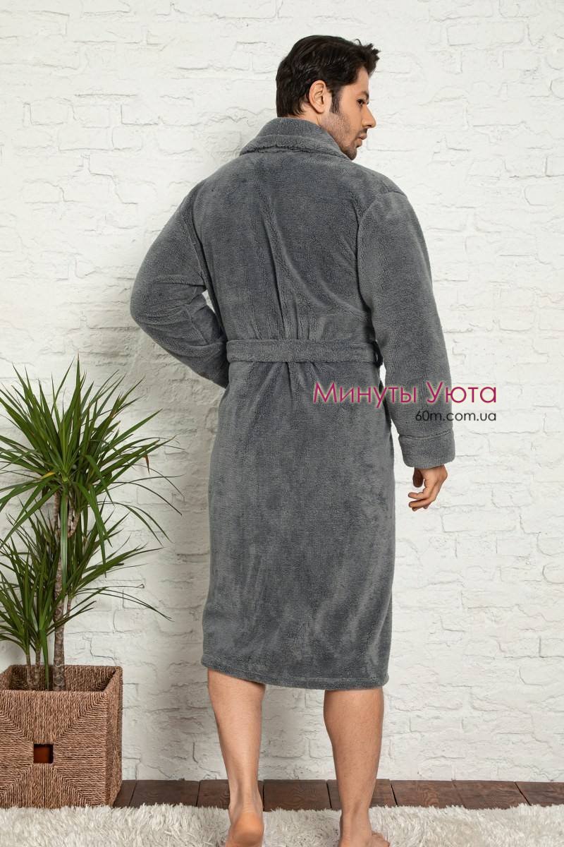 Мужской серый халат из теплой махровой ткани с отложным воротником 
