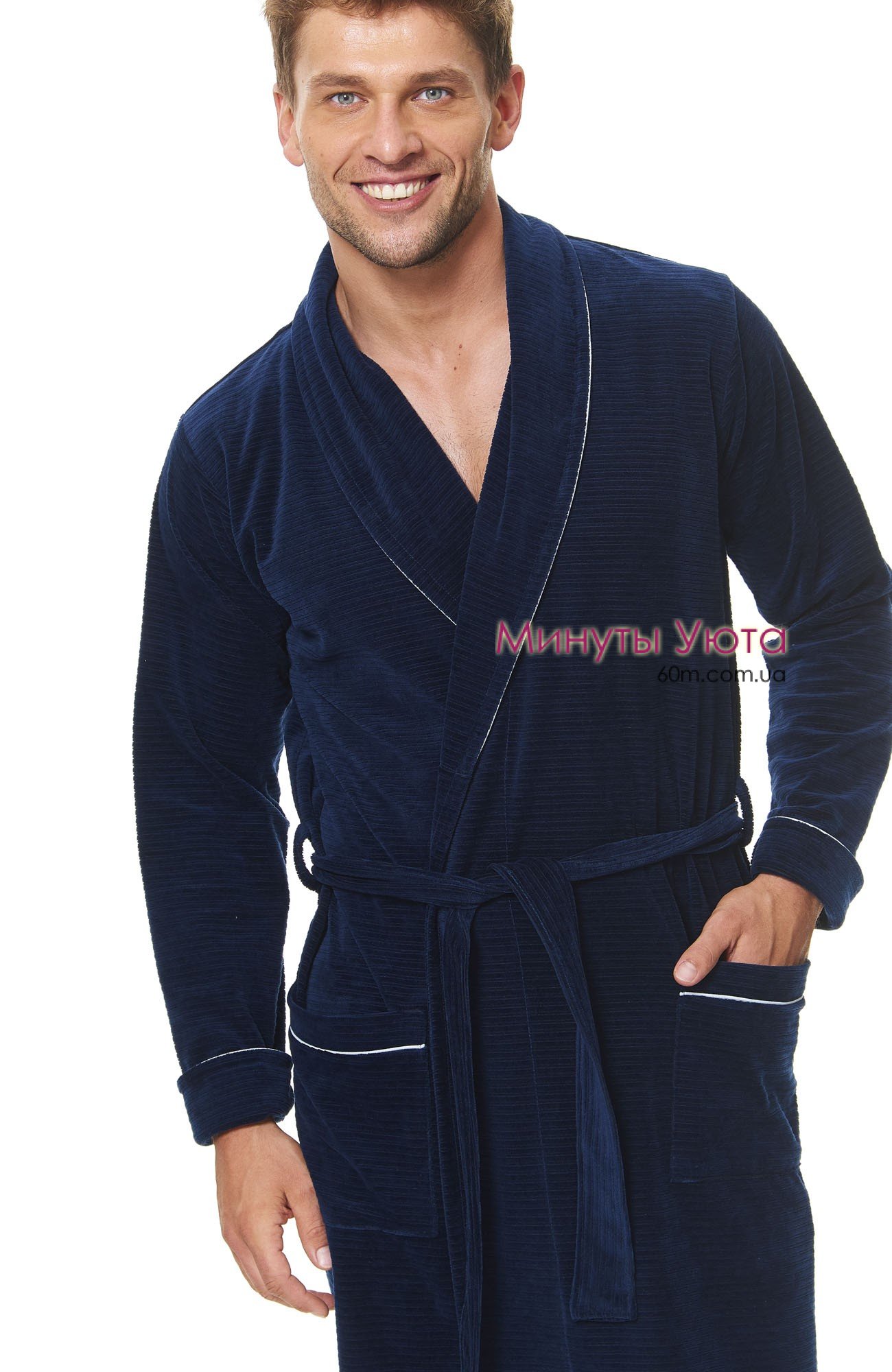 Мужской халат из фактурного велюра в синем цвете Dobra Nochka