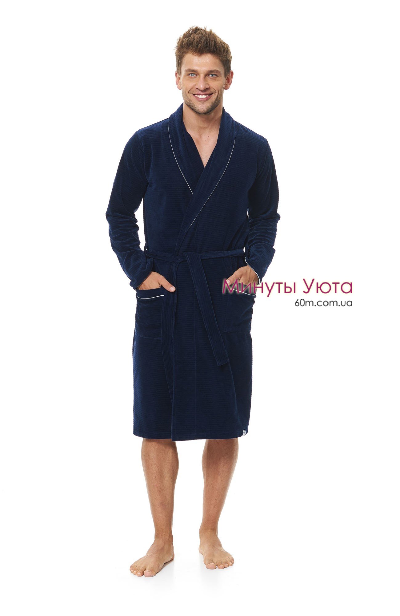 Мужской халат из фактурного велюра в синем цвете Dobra Nochka