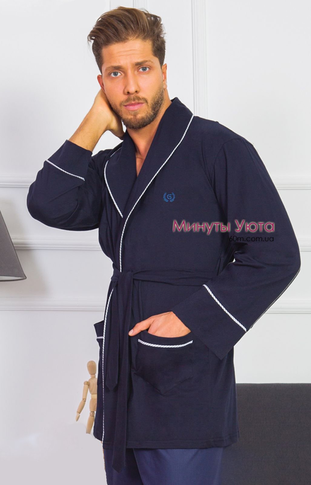 Мужской трикотажный укороченный халат темно-синего цвета Gazzaz