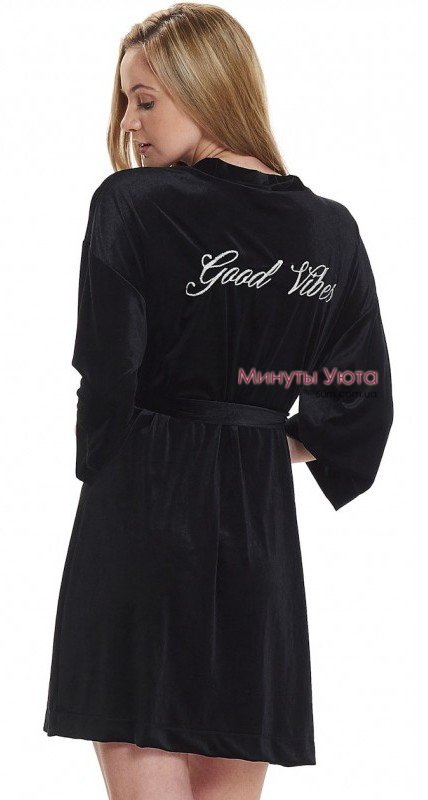 Женский велюровый халат в черном цвете с надписью на спине Dobra Nochka