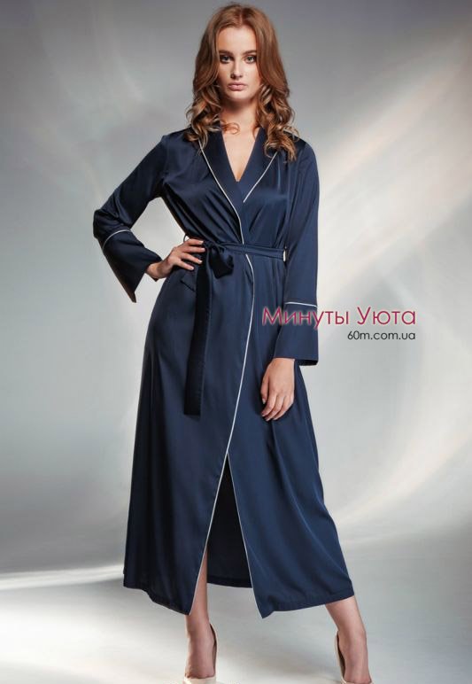Женский длинный халат из приятного шелковистого атласного материала синего цвета Shato