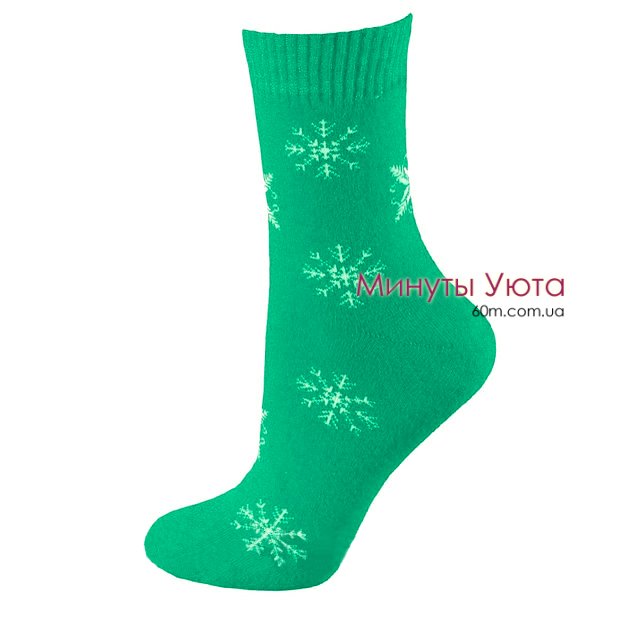 Теплые носки в зеленом цвете со снежинками 