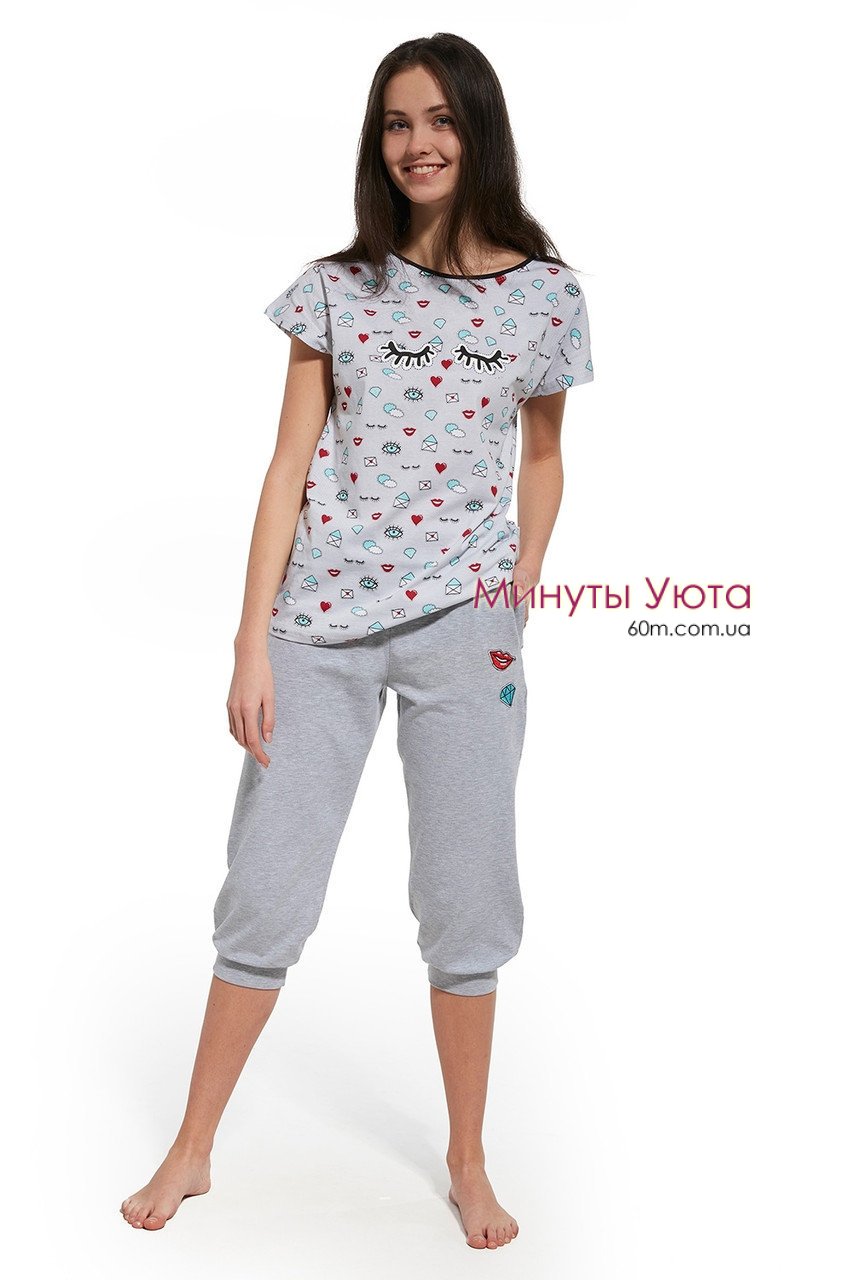 Подростковая пижама для девочки с милым принтом в сером цвете Cornette
