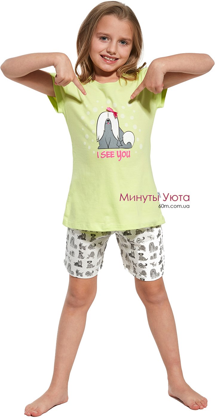 Трикотажная пижама для девочки  в салатово-сером цвете с собаками Cornette