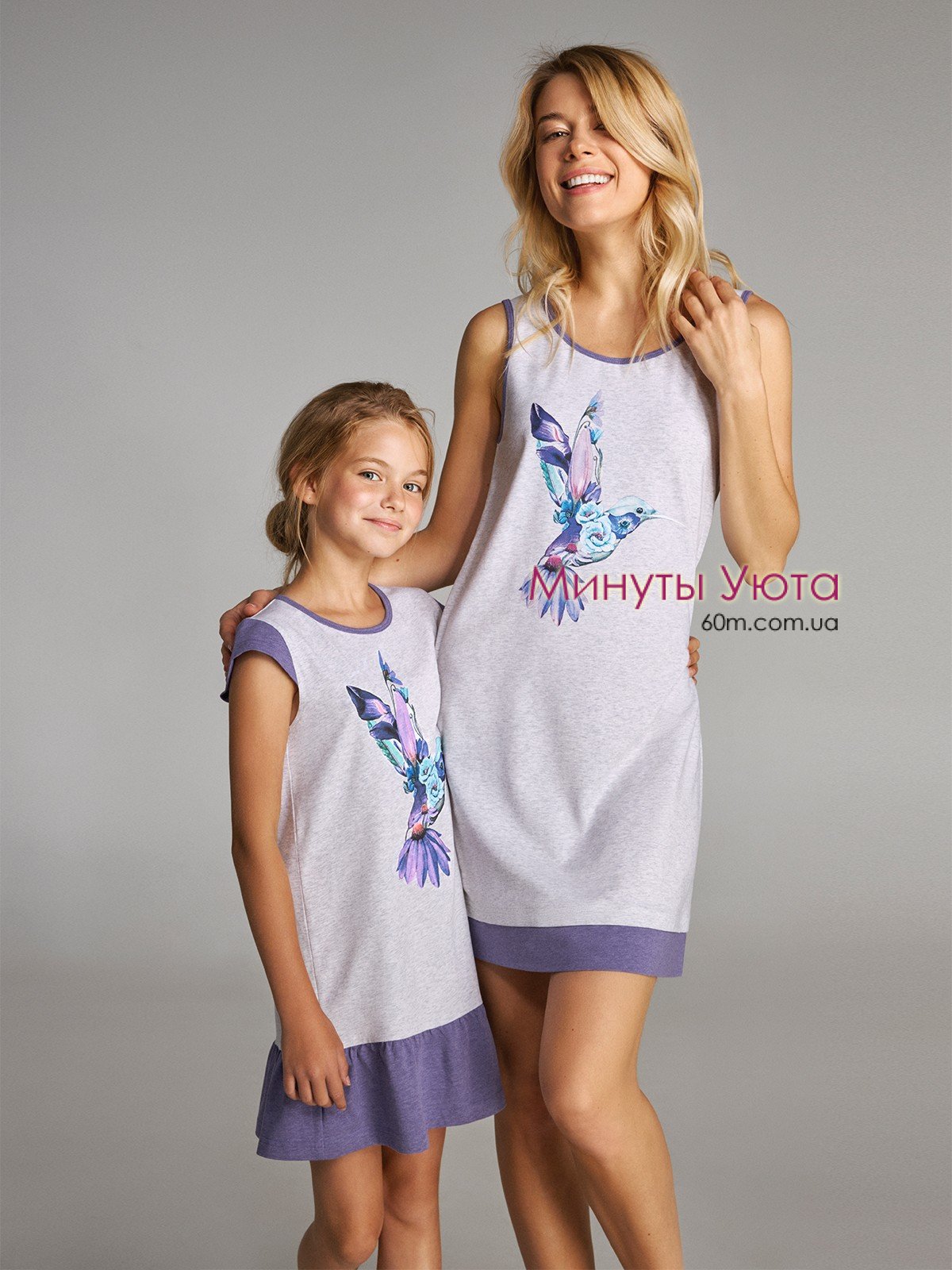 Ночная рубашка для девочки-подростка с принтом колибри в серо-фиолетовом цвете 