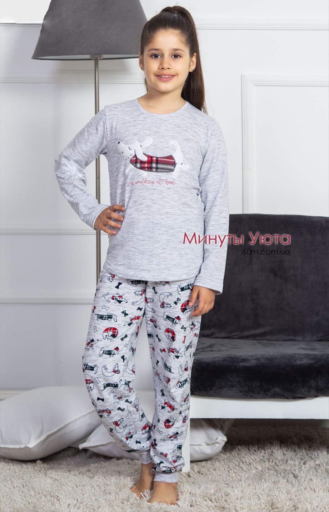 Утепленная пижама для девочки серого цвета с принтом собаки 