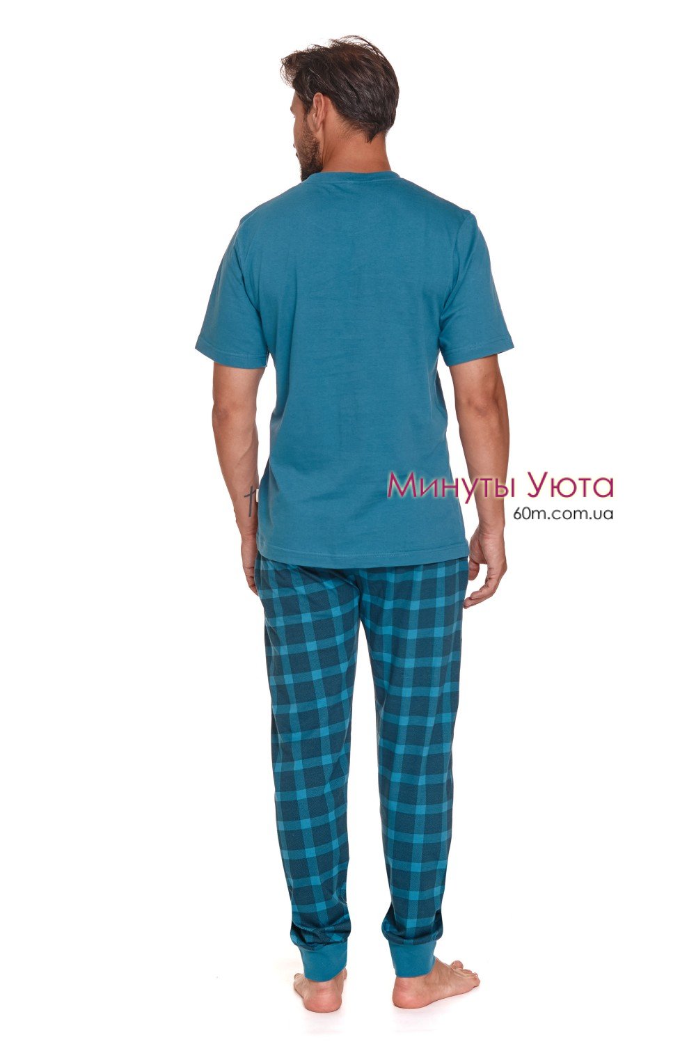 Мужская пижама из натуральной хлопковой ткани голубого цвета с брюками в клетку 