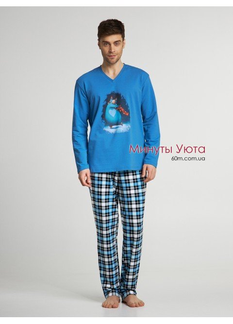 Мужская трикотажная пижама голубого цвета с новогодним принтом 