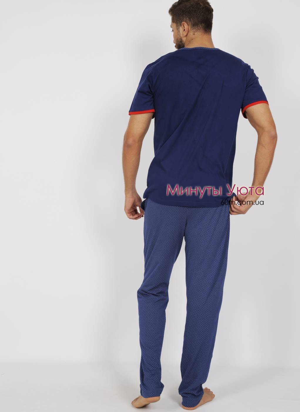 Стильная мужская пижама с брюками в мелкий горох и футболкой синего цвета Gazzaz