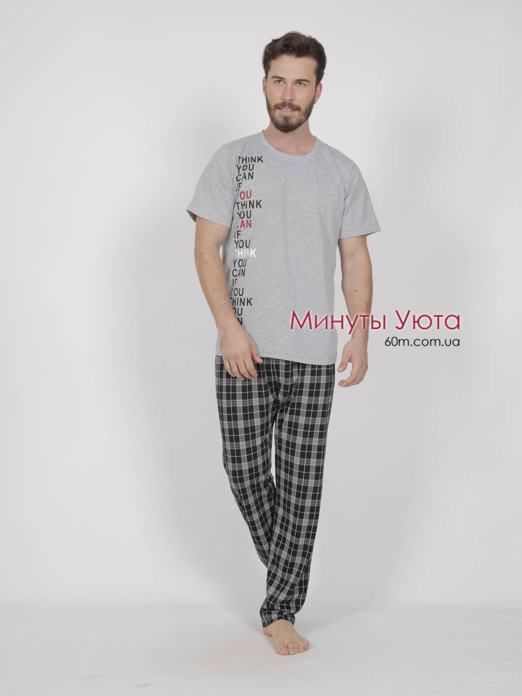 Мужская пижама серого цвета с футболкой и брюками в клетку  Gazzaz