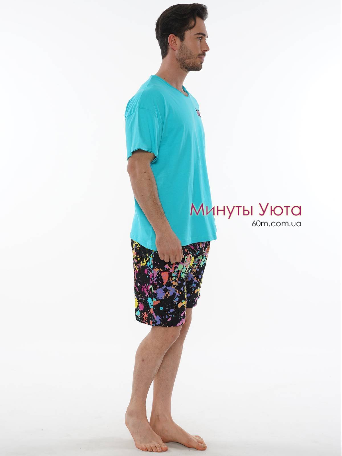 Летняя  мужская пижама бирюзового цвета с яркими шортами Gazzaz
