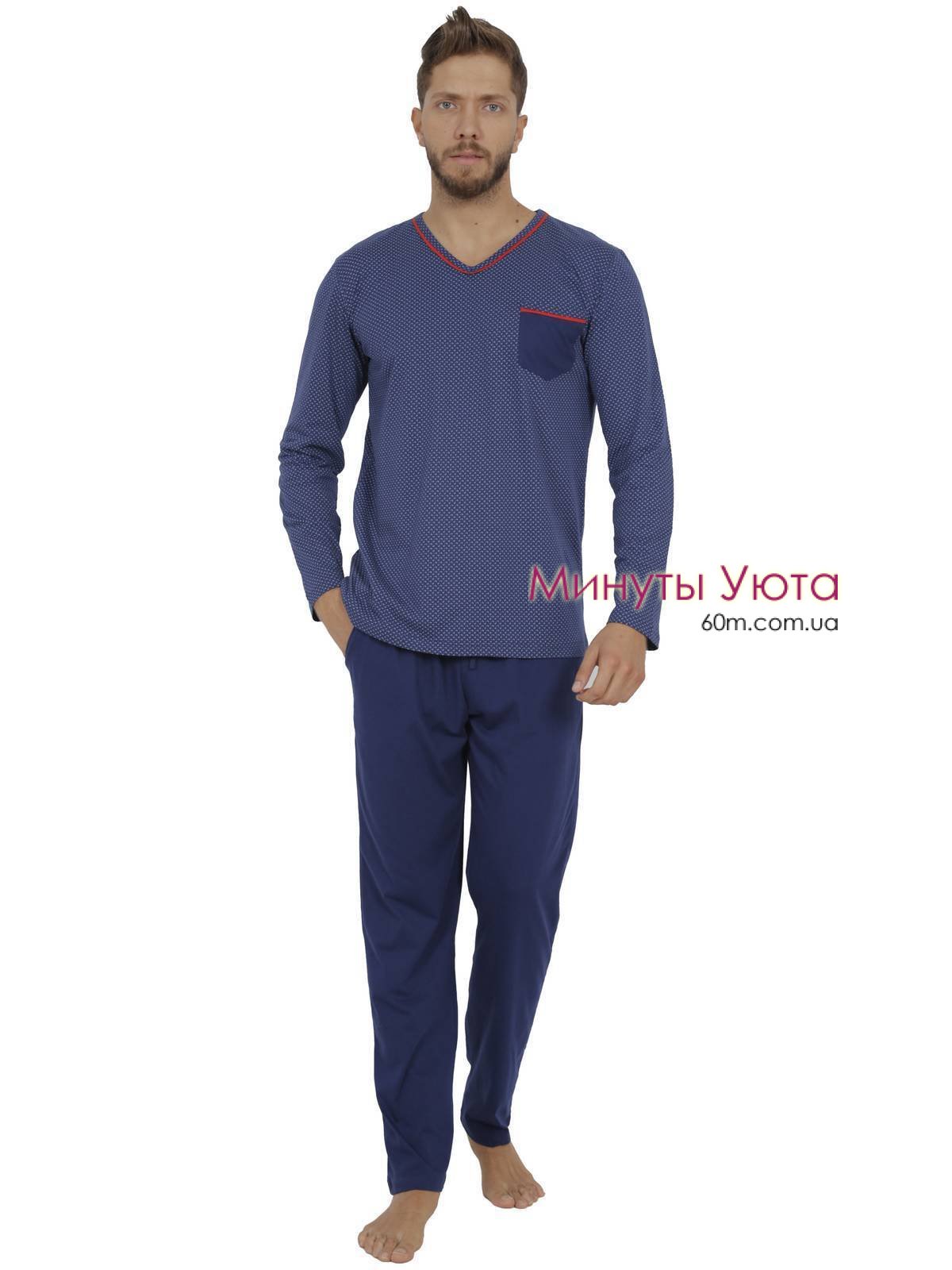 Мужская пижама из трикотажного хлопка синего цвета с кофтой в мелкий горошек и однотонными брюками Gazzaz