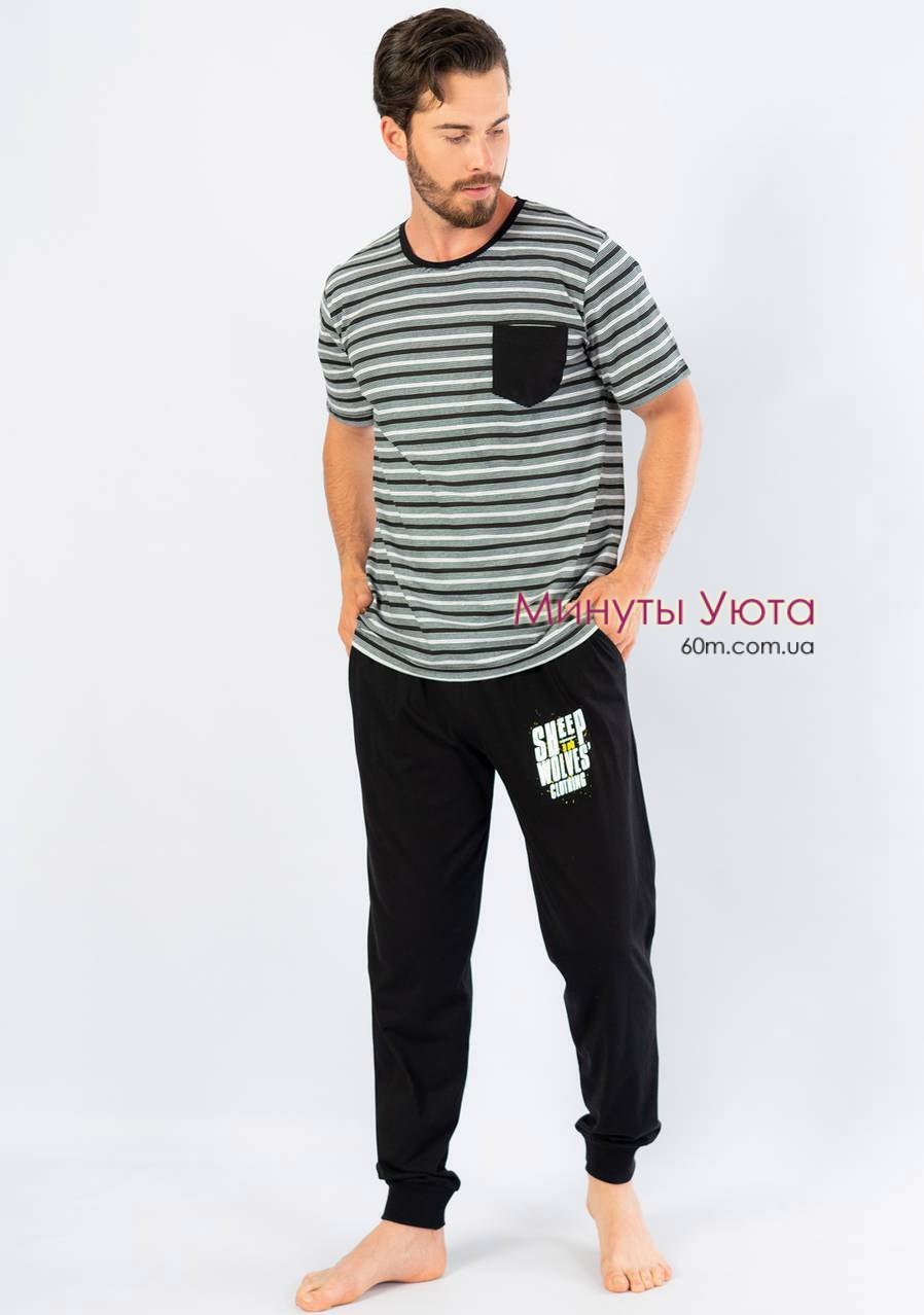 Домашний мужской комплект с полосатой футболкой и черными брюками Gazzaz