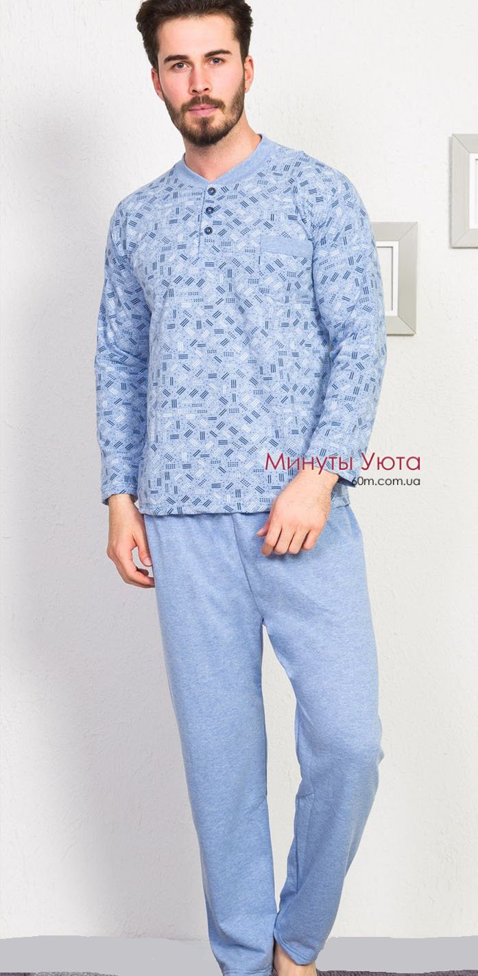Мужская байковая пижама голубого цвета с пуговицами в верхней части кофты 