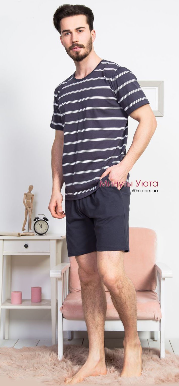 Мужская пижама графитового цвета с полосками на футболке Vienetta Secret