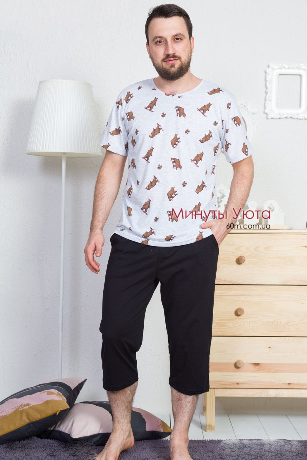 Мужская пижама из хлопка с принтом медведев на футболке Gazzaz
