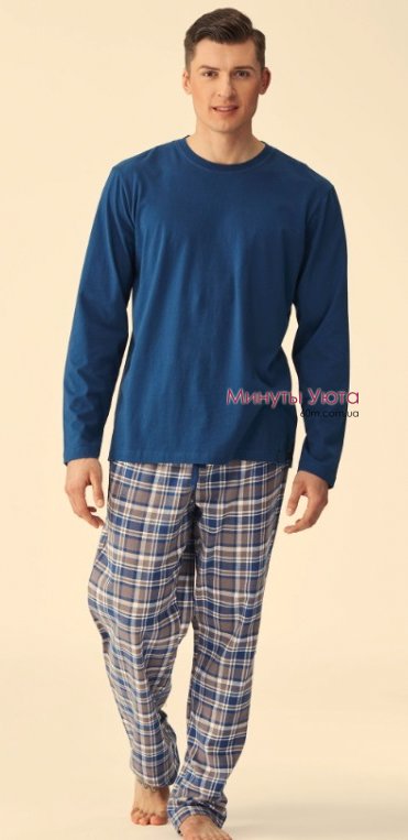 Мужская пижама с фланелевыми штанами в синем цвете Key