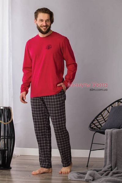 Мужская пижама большого размера с фланелевыми брюками в клетку и трикотажной кофтой 