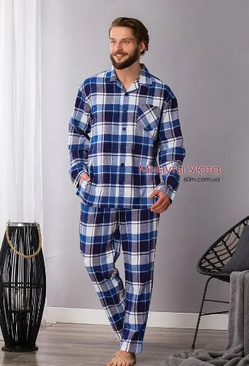 Мужская фланелевая пижама в крупную клетку с рубашкой и брюками Key