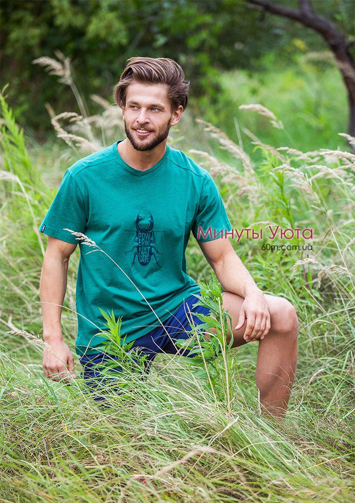 Мужская пижама зелено-синего цвета с принтом жука на футболке Key