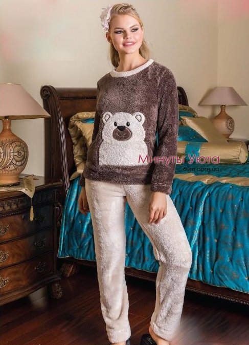 Женская плюшевая пижама кофейного цвета с аппликацией милого мишки Cocoon
