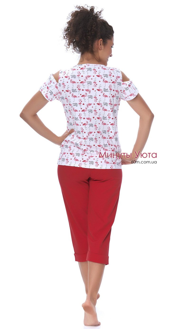 Женская пижама красного цвета в принт фламинго 