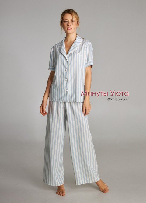 Женская пижама свободного кроя с широкими брюками и рубашкой бело-голубого цвета Ellen