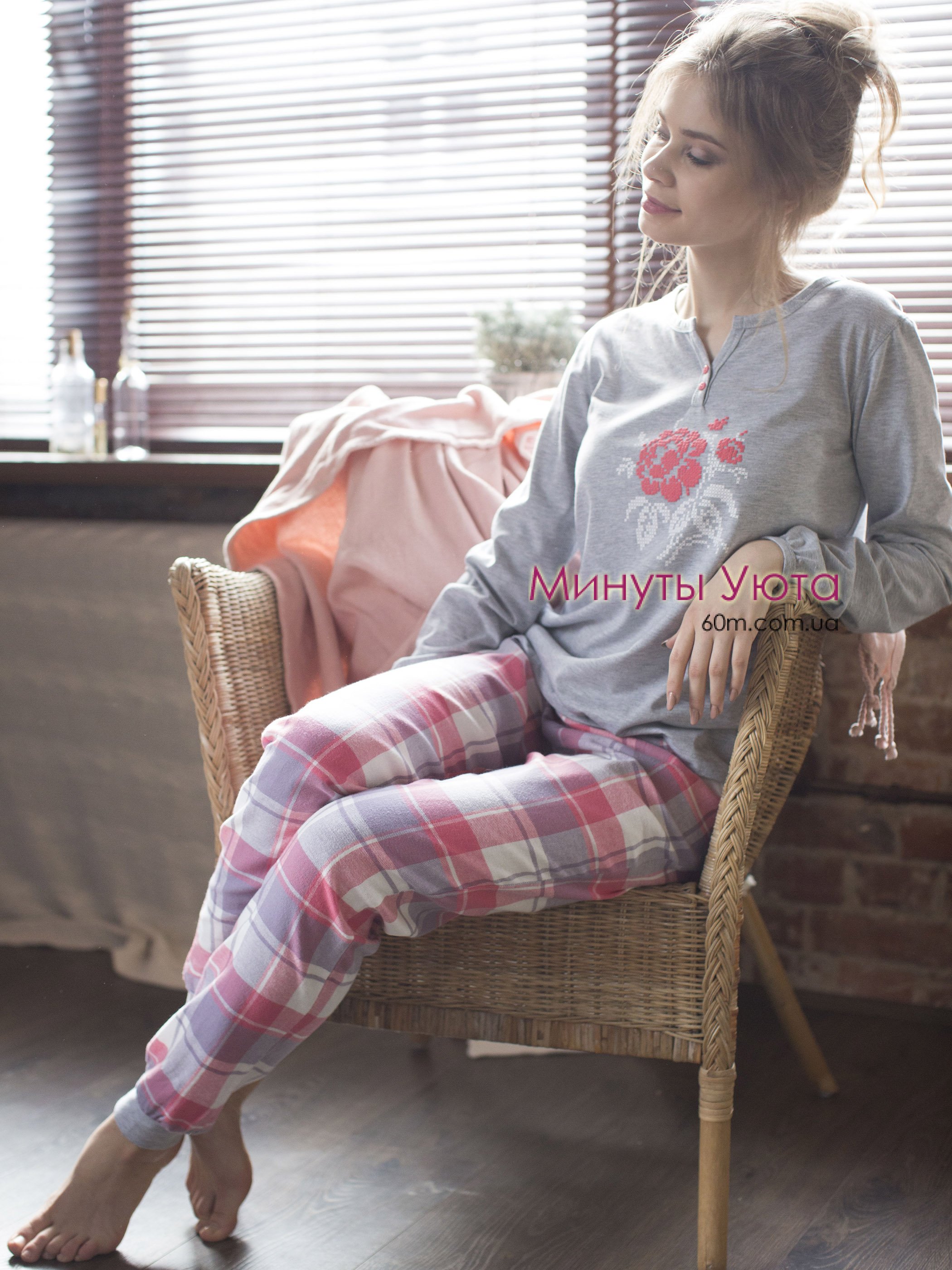 Домашняя пижама с клетчатыми фланелевыми брюками на манжетах Key