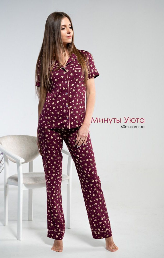 Классическая пижама из хлопкового полотна с добавлением вискозы бордового цвета Shato