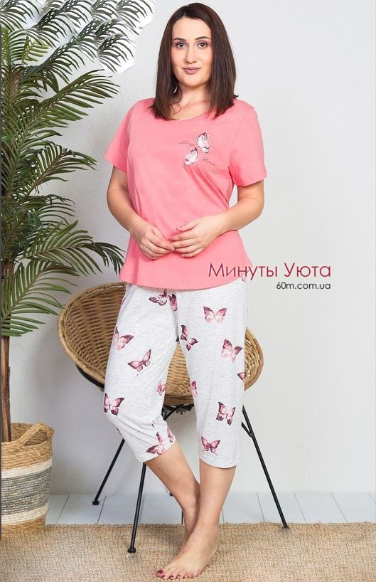 Женская пижама из натурального хлопка розово-серого цвета в принт бабочек Vienetta Secret